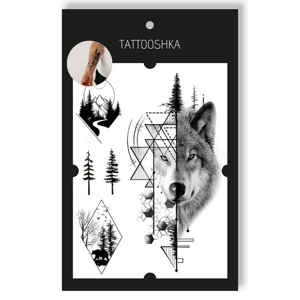 Татуировка - одноразовая наклейка Графический волк и лес 15,5х21см