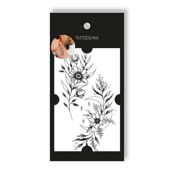 Татуировка - одноразовая наклейка Нежные цветы с луной 10,5х6см