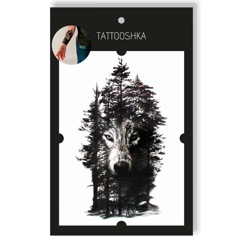 Татуировка - одноразовая наклейка Волк в тени леса 15.5x21см