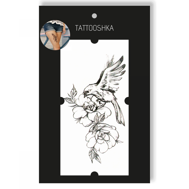 Татуировка - одноразовая наклейка Цветы с птичкой 15,5х21см