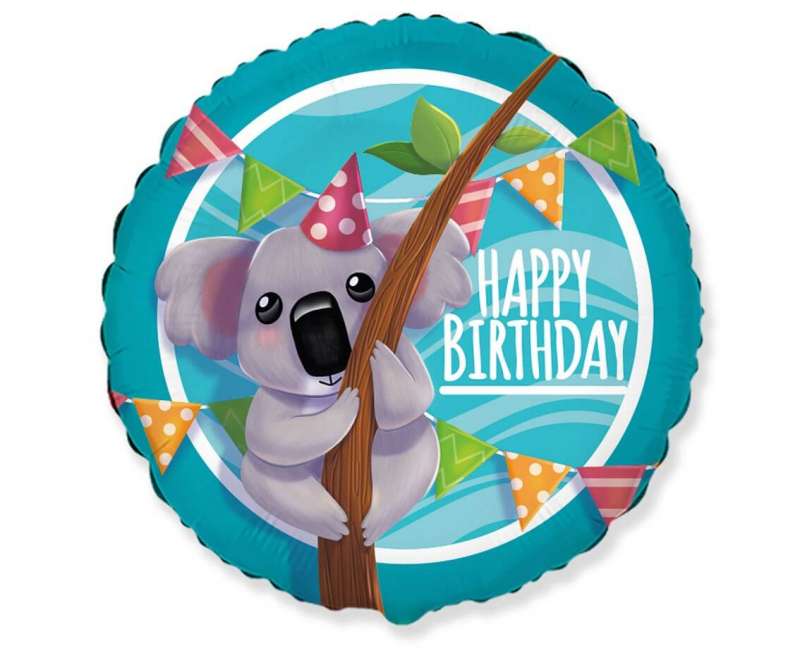 Фольгированный шар 18/46см круглый FX Koala Happy Birthday зеленый