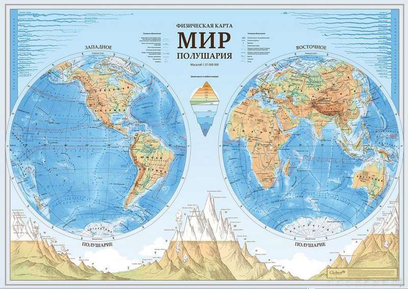 Карта Мир физический Полушария 101х69 см