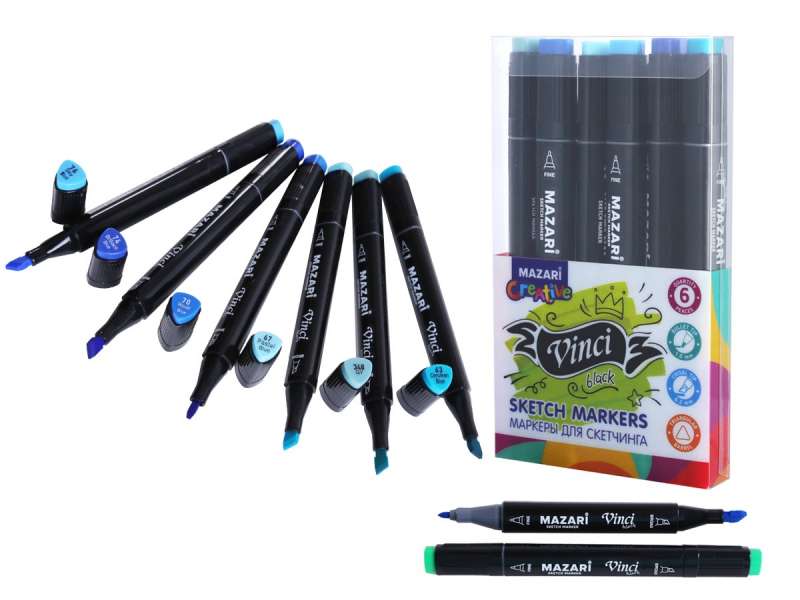 Набор маркеров для скетчинга двусторонние VINCI BLACK, 6цв., Marine colors 