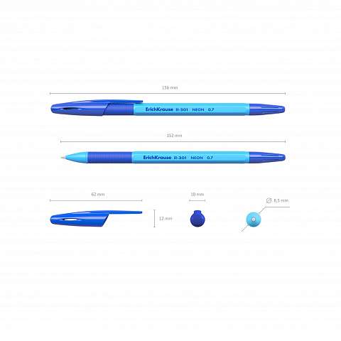 Ручка шариковая ErichKrause R-301 Neon Stick&Grip 0.7, цвет чернил синий