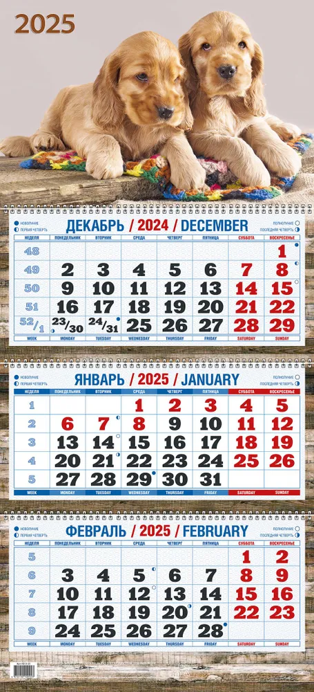 Календарь квартальный настенный трехблочный "Два щенка" 310х680 на 2025 год