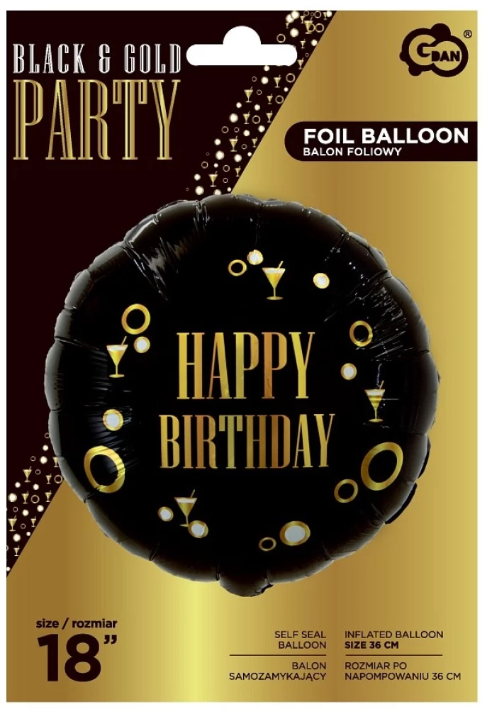 Folija balons 18/36cm Aplis Happy Birthday melns, packed