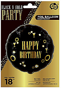 Folija balons 18/36cm Aplis Happy Birthday melns, packed